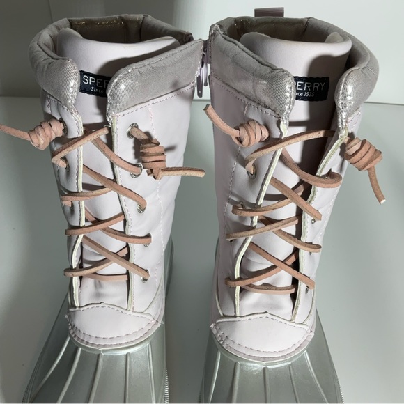 Sperry Kid’s Trailboard Boot Pink Shaft Laces Silver Upper Rubber Sole Zipper 3M - Picture 3 of 14